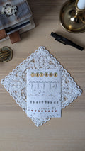 Sticker sheet featuring motifs such as peaches, cherries and garlands. The sheet is sitting on a white doily on a wooden surface.


	
